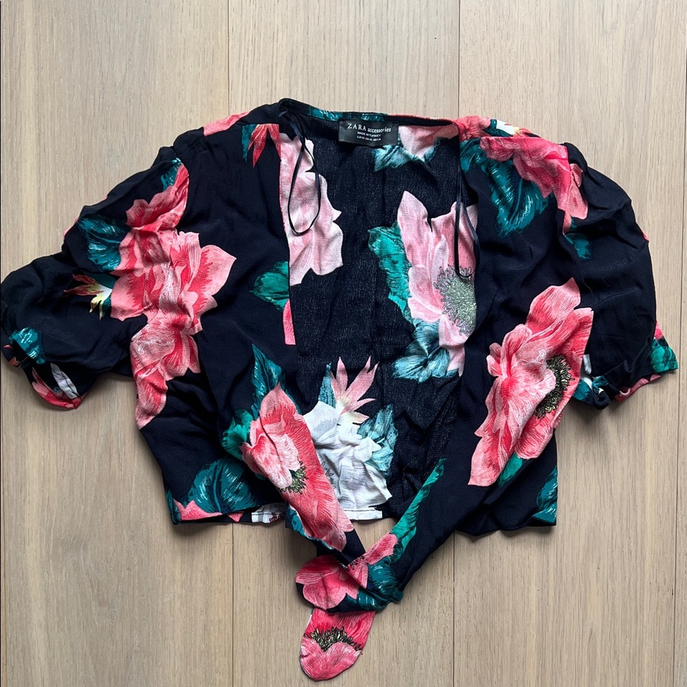 Zara Black Floral Tie-Front Blouse